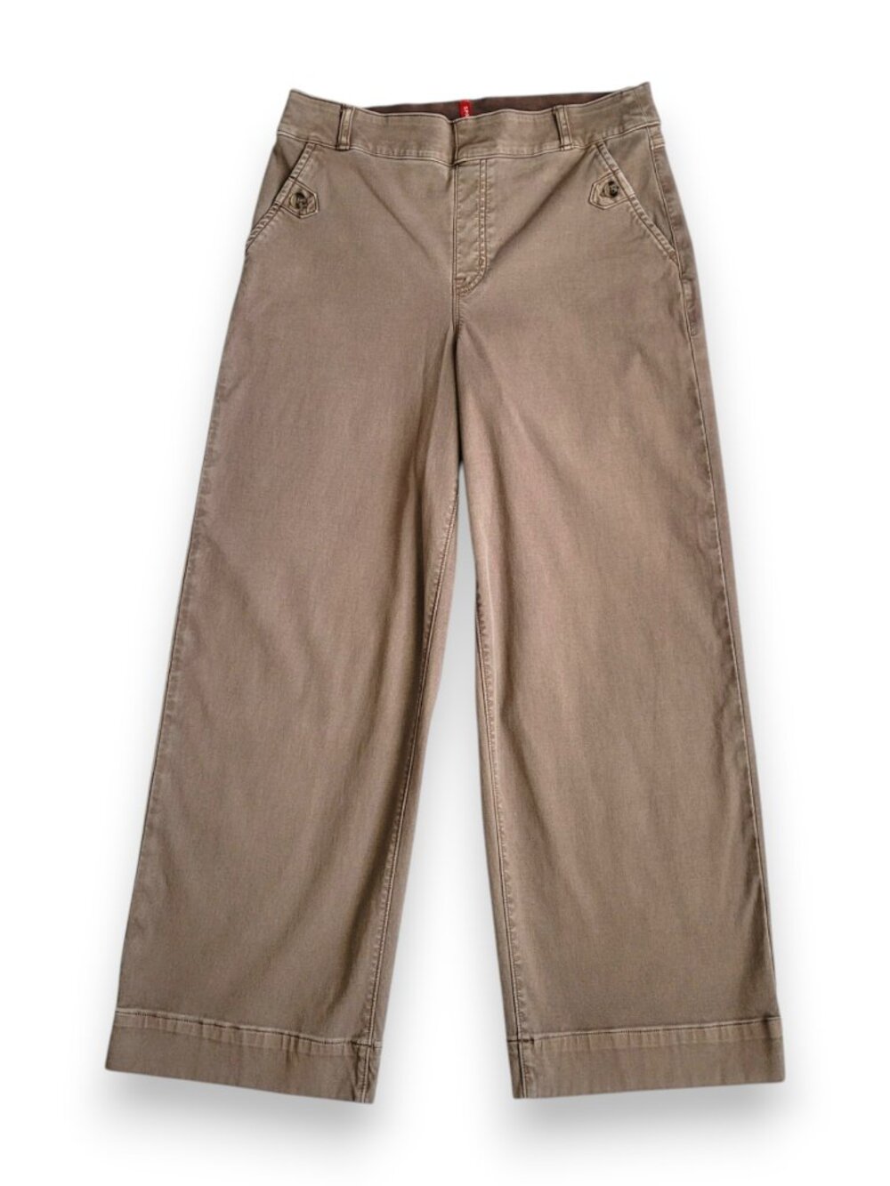 SPANX Womens L Stretch Twill Wide Leg Crop Pants Smoke Brown Pull On EUC Pockets